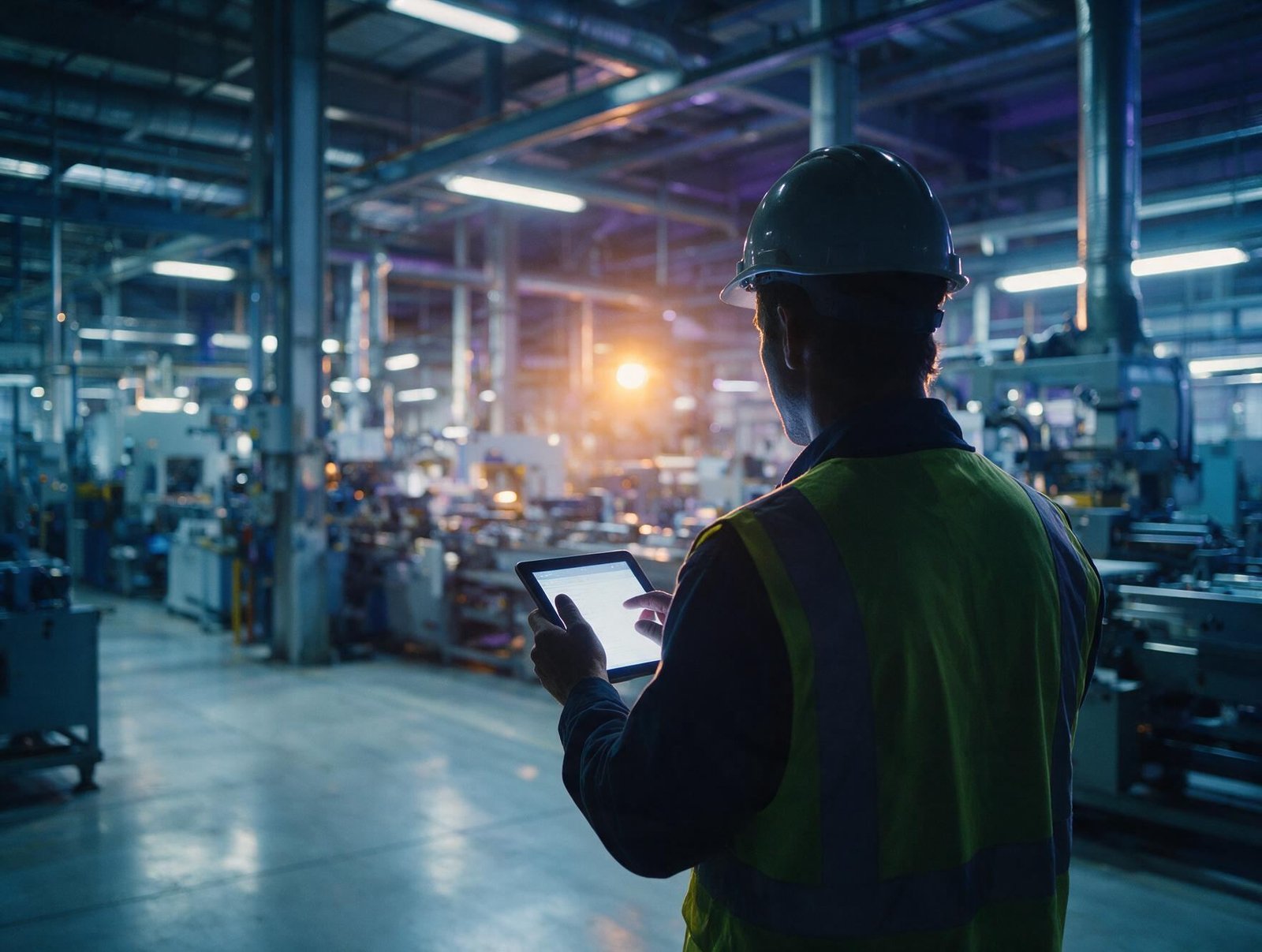 Operário de capacete consultando um tablet dentro de uma fábrica, exemplo de operação industrial atendida pela Universe Orbital