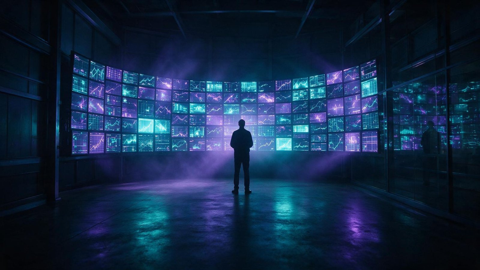 Sala de controle industrial com monitores, representando atendimento com inteligência artificial monitorado em tempo real