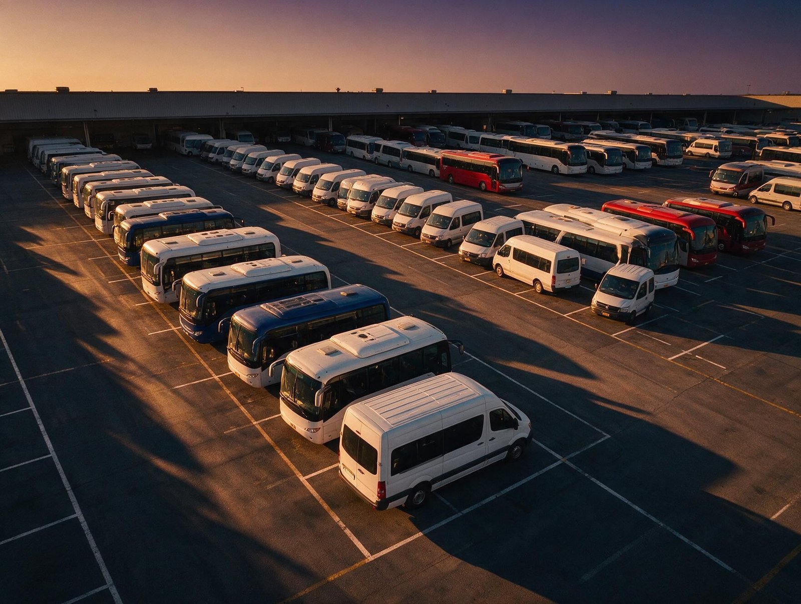 Frota de vans de fretado alinhadas no pátio de uma indústria ao entardecer
